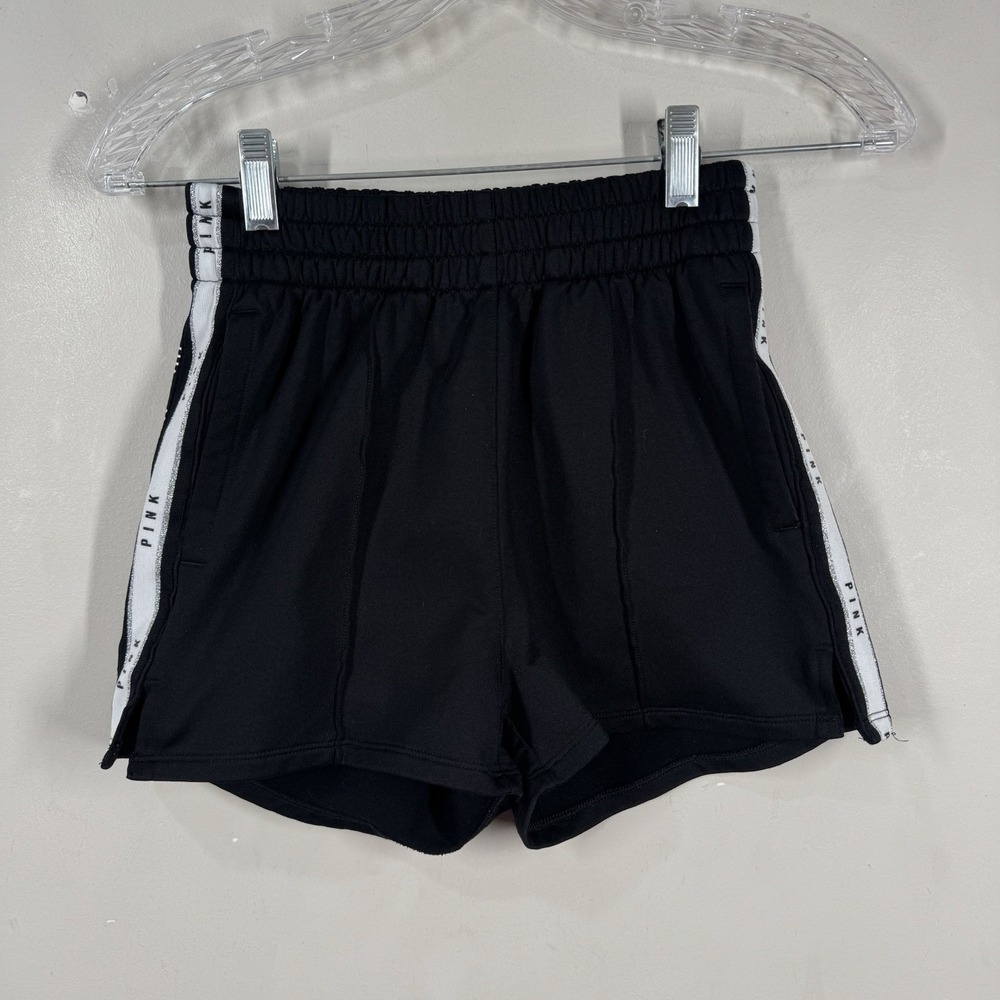 VS PINK Track Athletic Shorts Black Big Logo Side High Rise Size XS Back Pocket